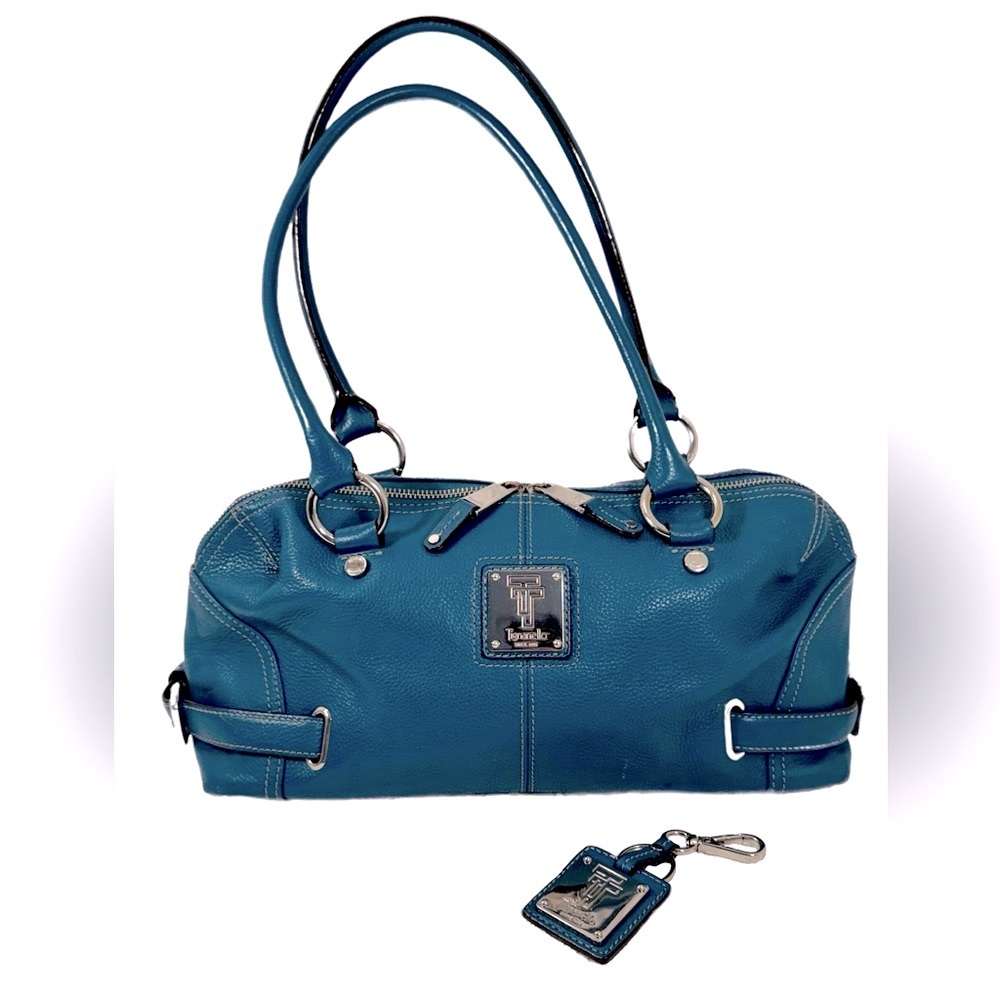 EUC TIGNANELLO Teal Aqua Blue Pebble Leather Purse Satchel matching key charm